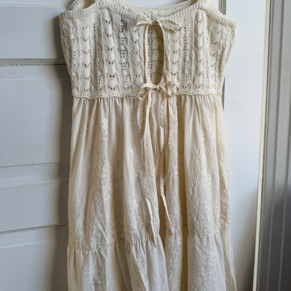 Zara Contrasting Embroidered Knit Dress Cotton Blend Tie Back NWT L Cottagecore - Picture 11 of 13